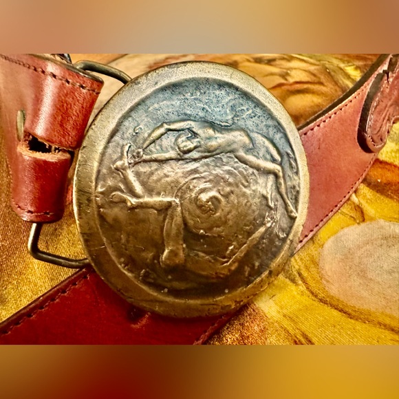 Vintage Bergamot Brass belt buckle EROTIC on SILVERCREEK leather tooled belt
